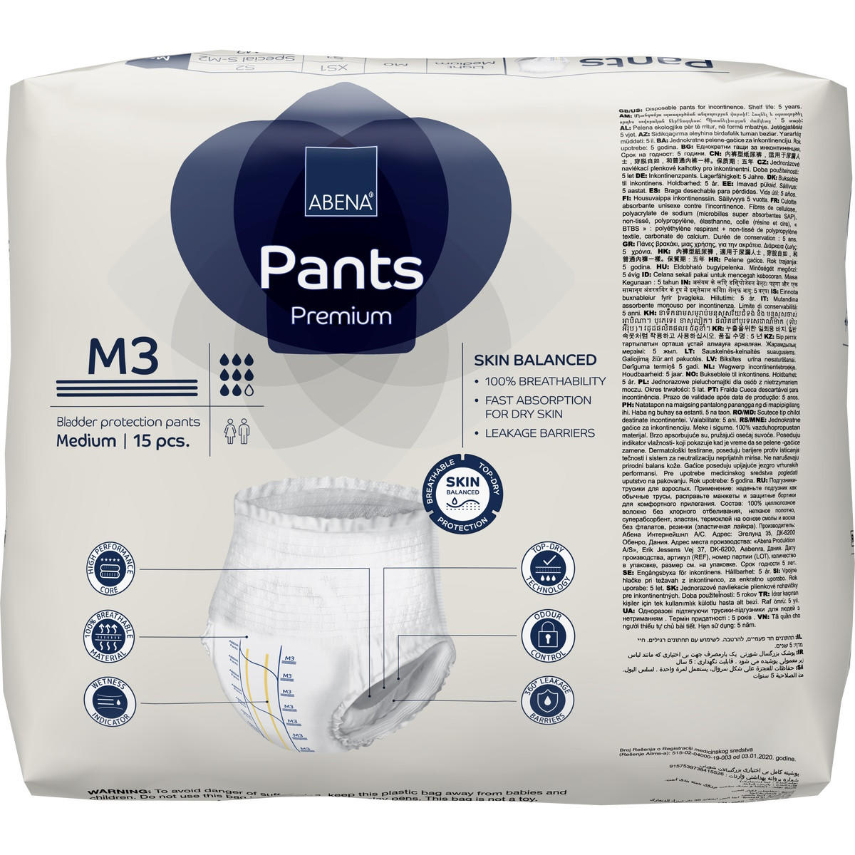 Abena Premium pull-on underwear pants packaging, Medium (M3), 15 pcs; side shows white briefs