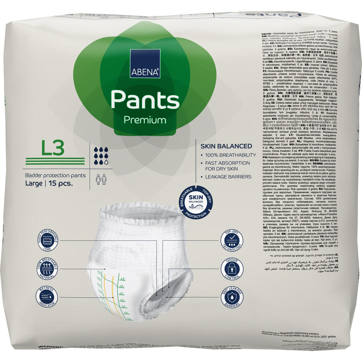 Abena Premium pull-on underwear pants packaging, Large (L3), 15 pcs; white briefs shown