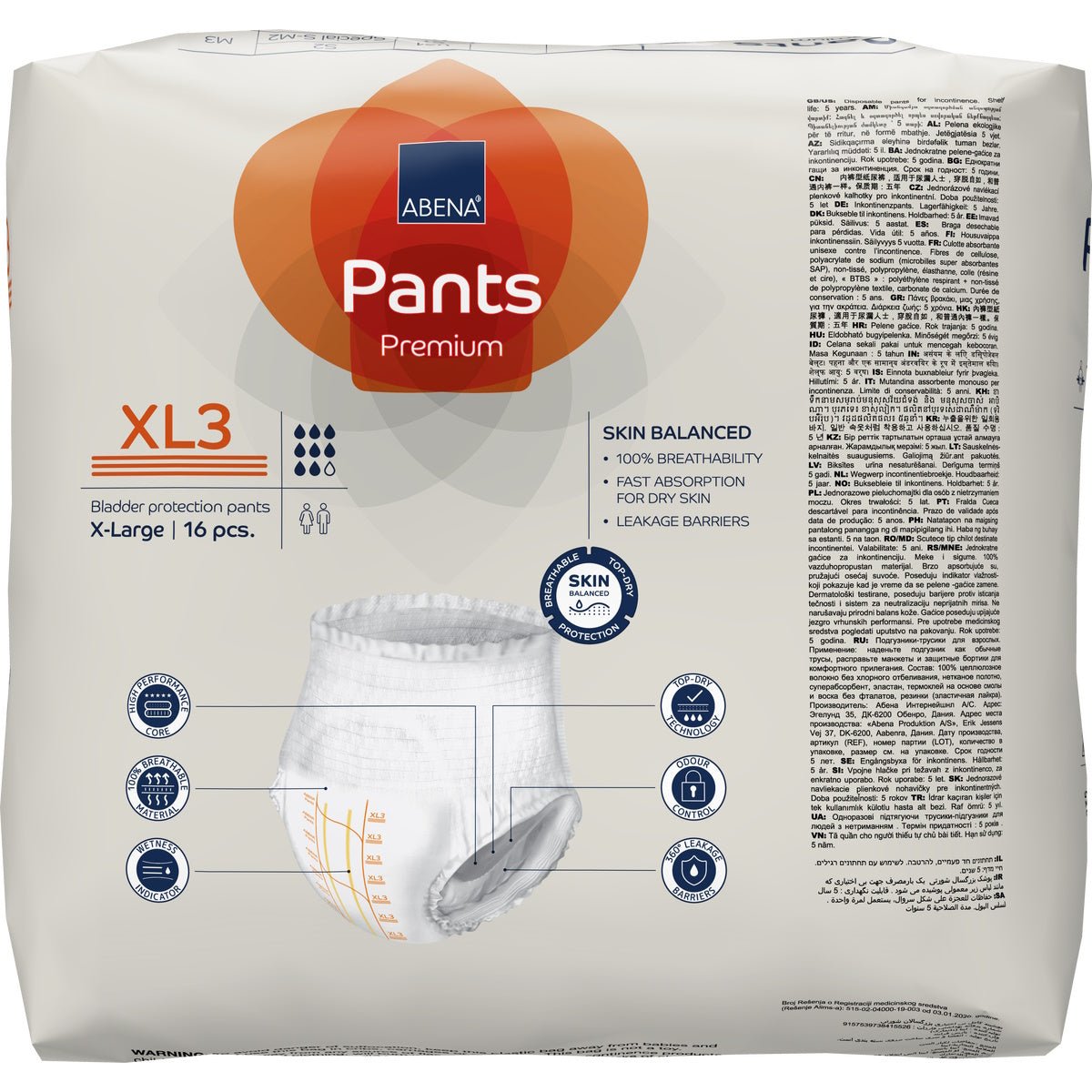Abena Premium pull-on underwear pants packaging, X-Large (XL3), 16 pcs; side view of white briefs