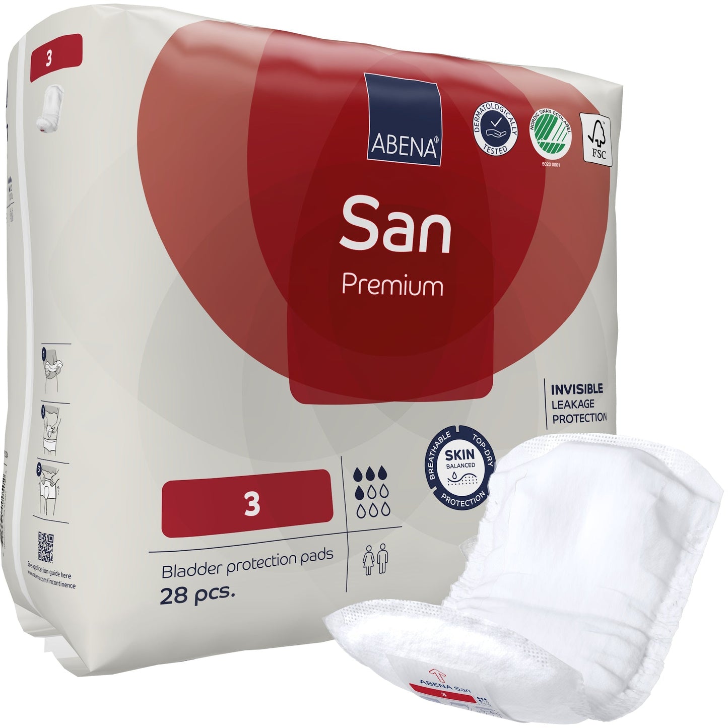 ABENA San Premium incontinence pads, size 3, 28 count pack with white protective pads