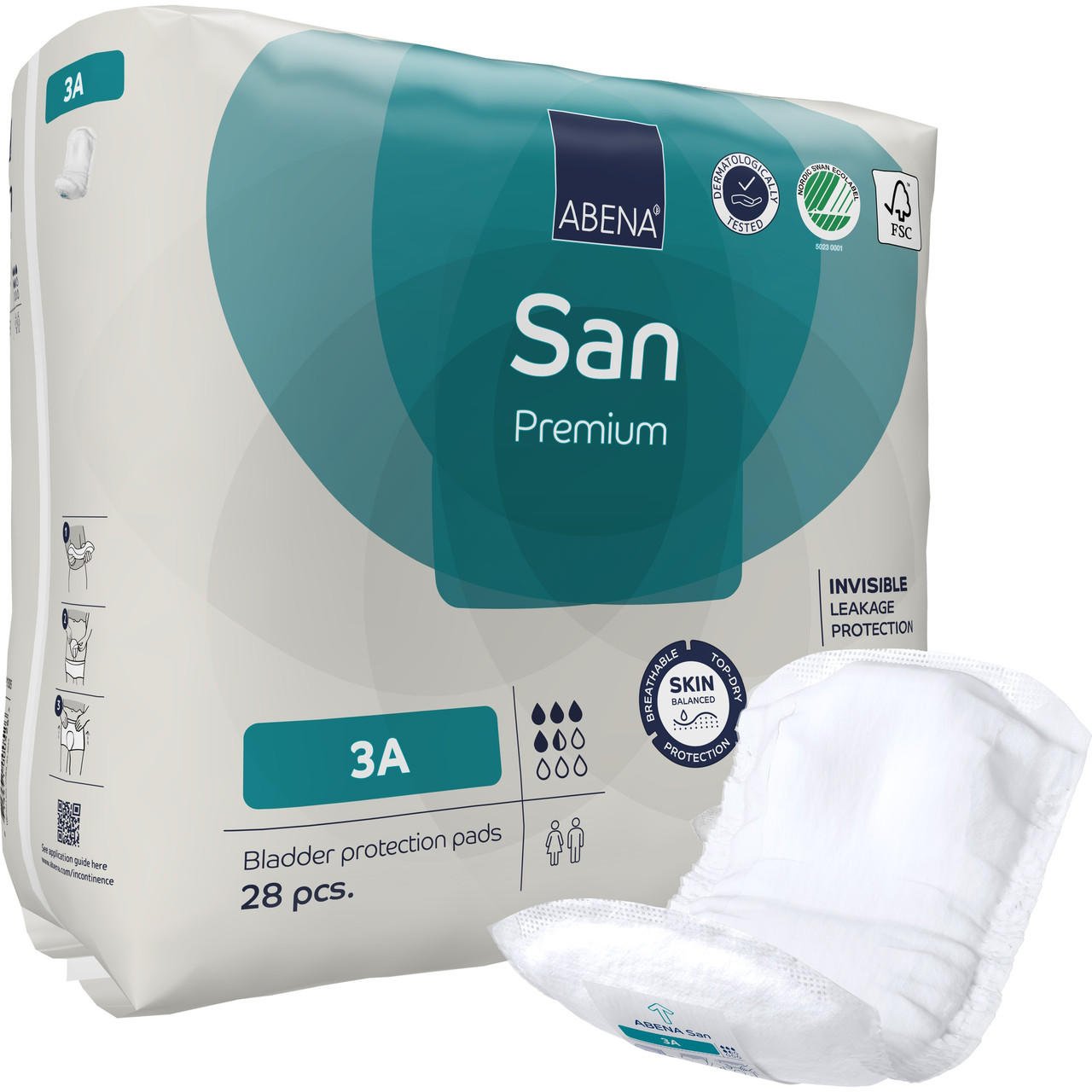 ABENA San Premium incontinence pads, size 3A, 28 count pack with white protective pads