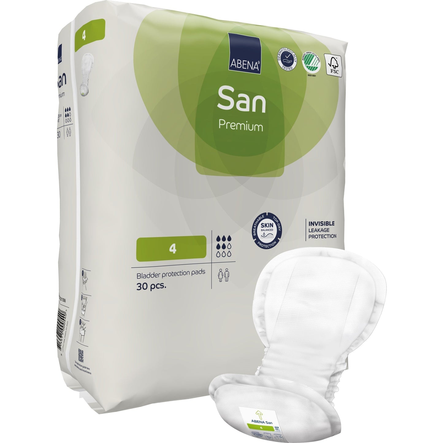 ABENA San Premium incontinence pads, size 4, 30 count pack with white protective pads