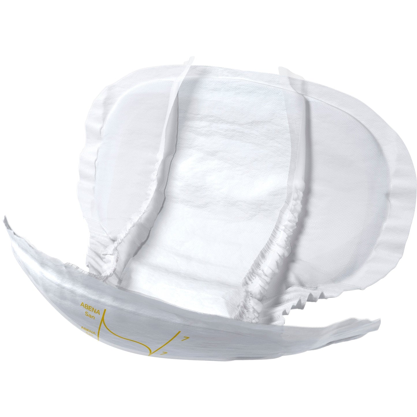 White size 7 San Premium incontinence pad with folded inner shield and side gathers.