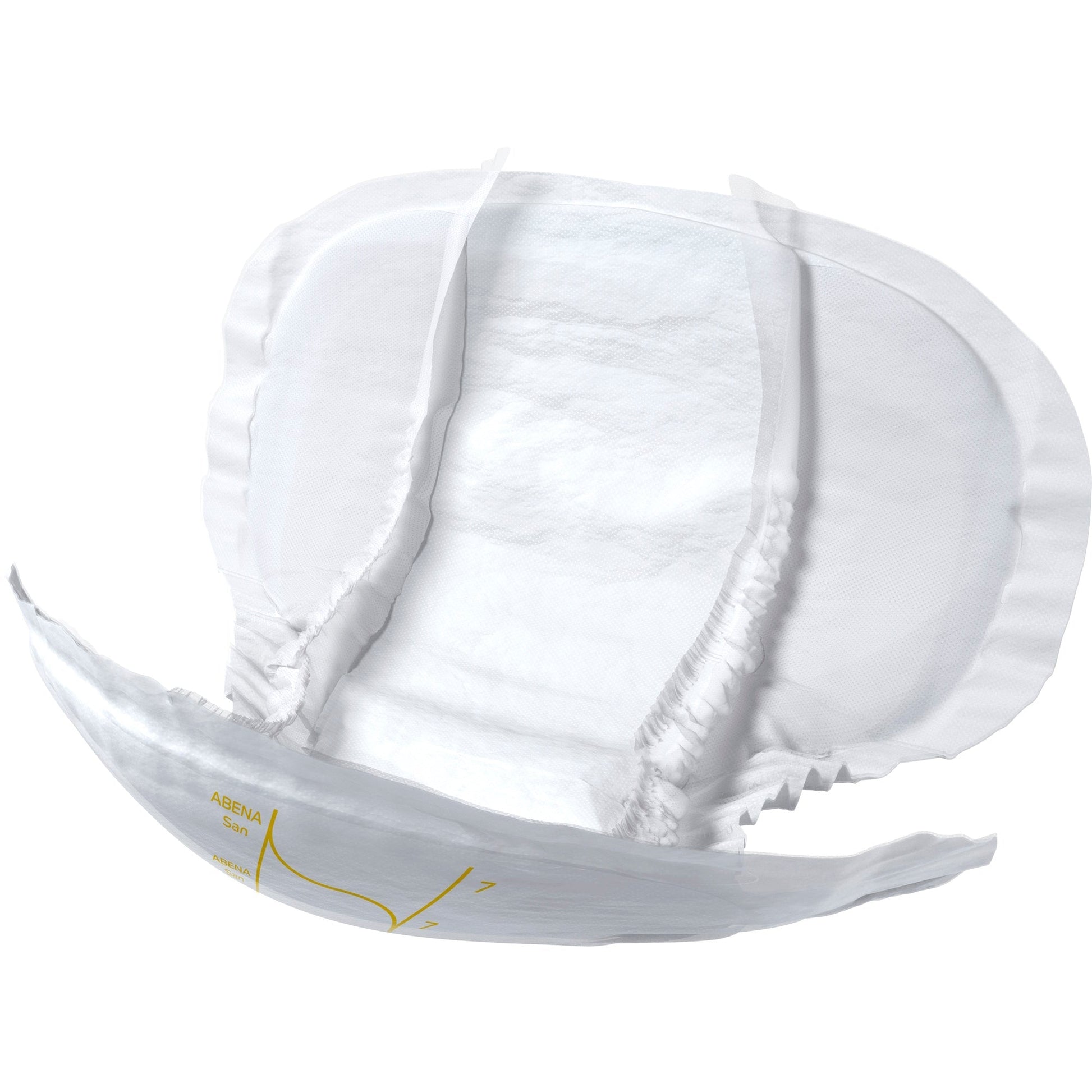 White size 7 San Premium incontinence pad with folded inner shield and side gathers.