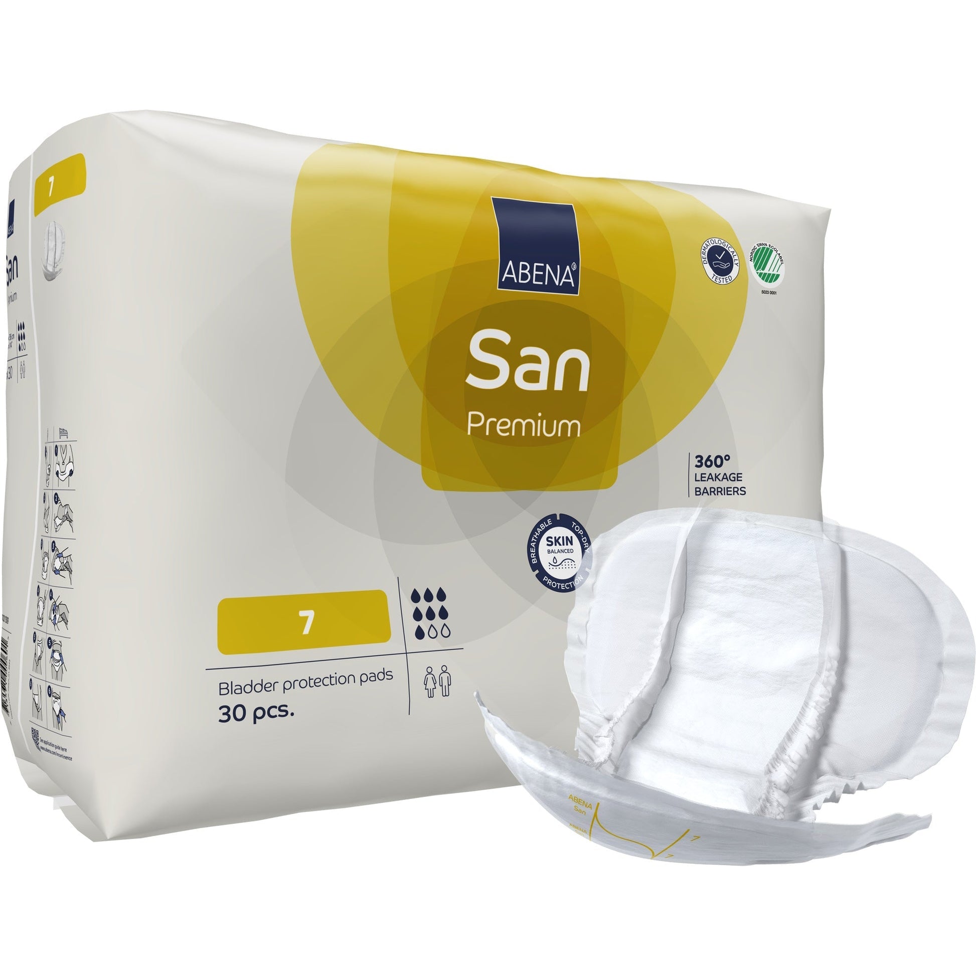 Abena San Premium size 7 bladder protection pads, 30 pcs, with one pad visible.
