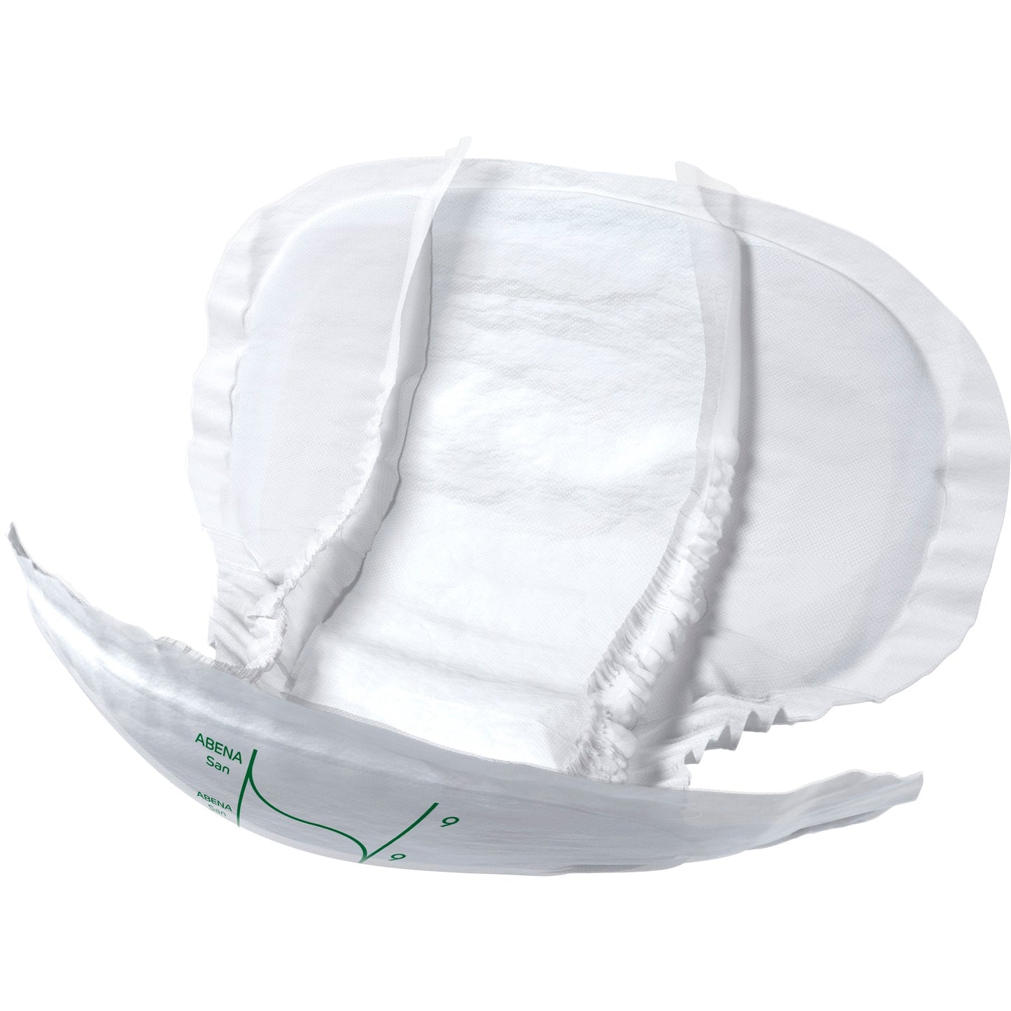 White size 9 San Premium incontinence pad, curved with textured outer layer.