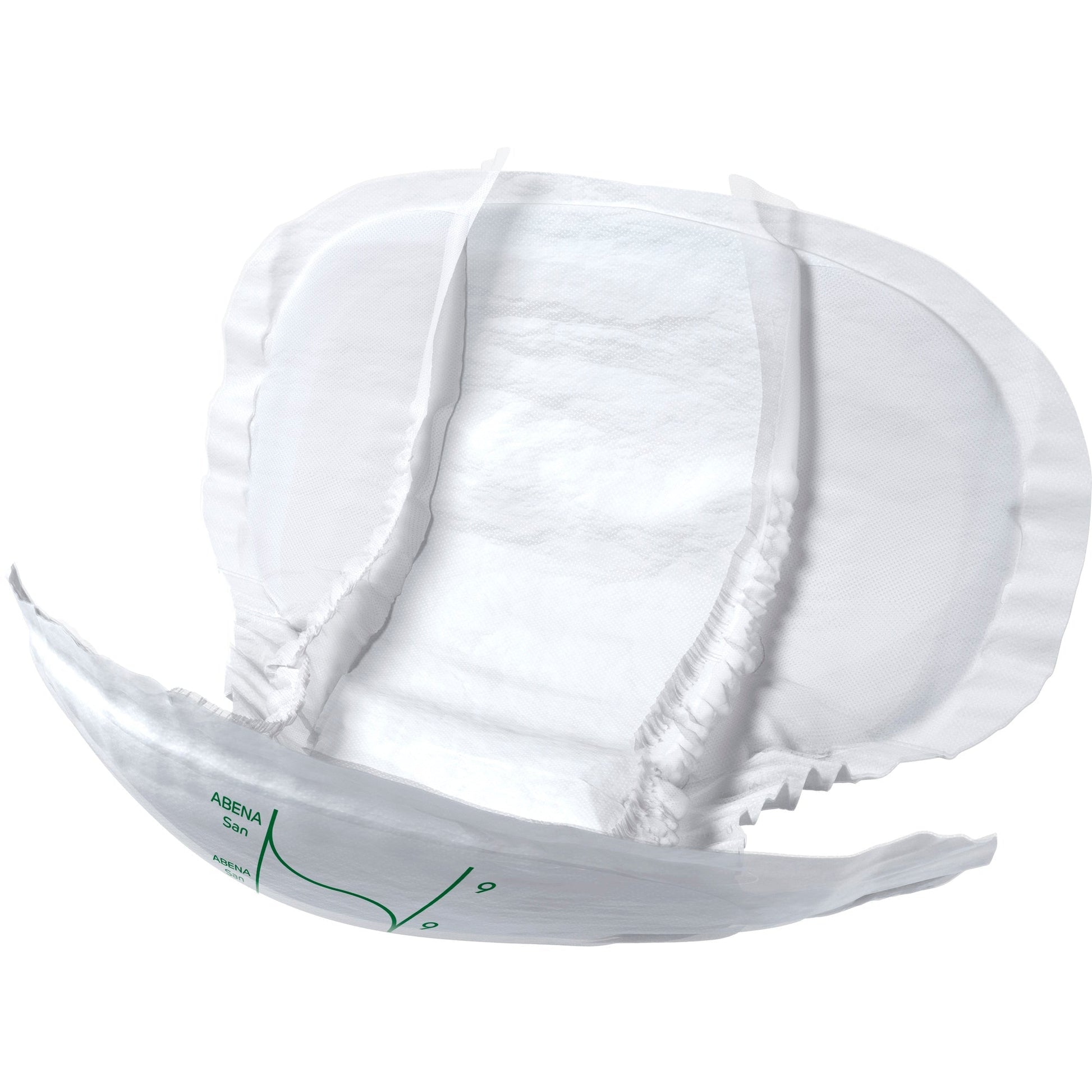 White size 9 San Premium incontinence pad, curved with textured outer layer.