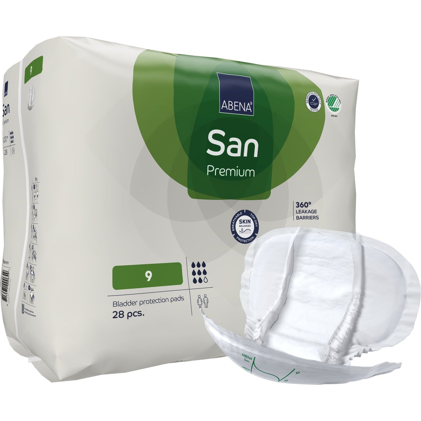 Abena San Premium size 9 bladder protection pads, 28 pcs, with one pad visible.