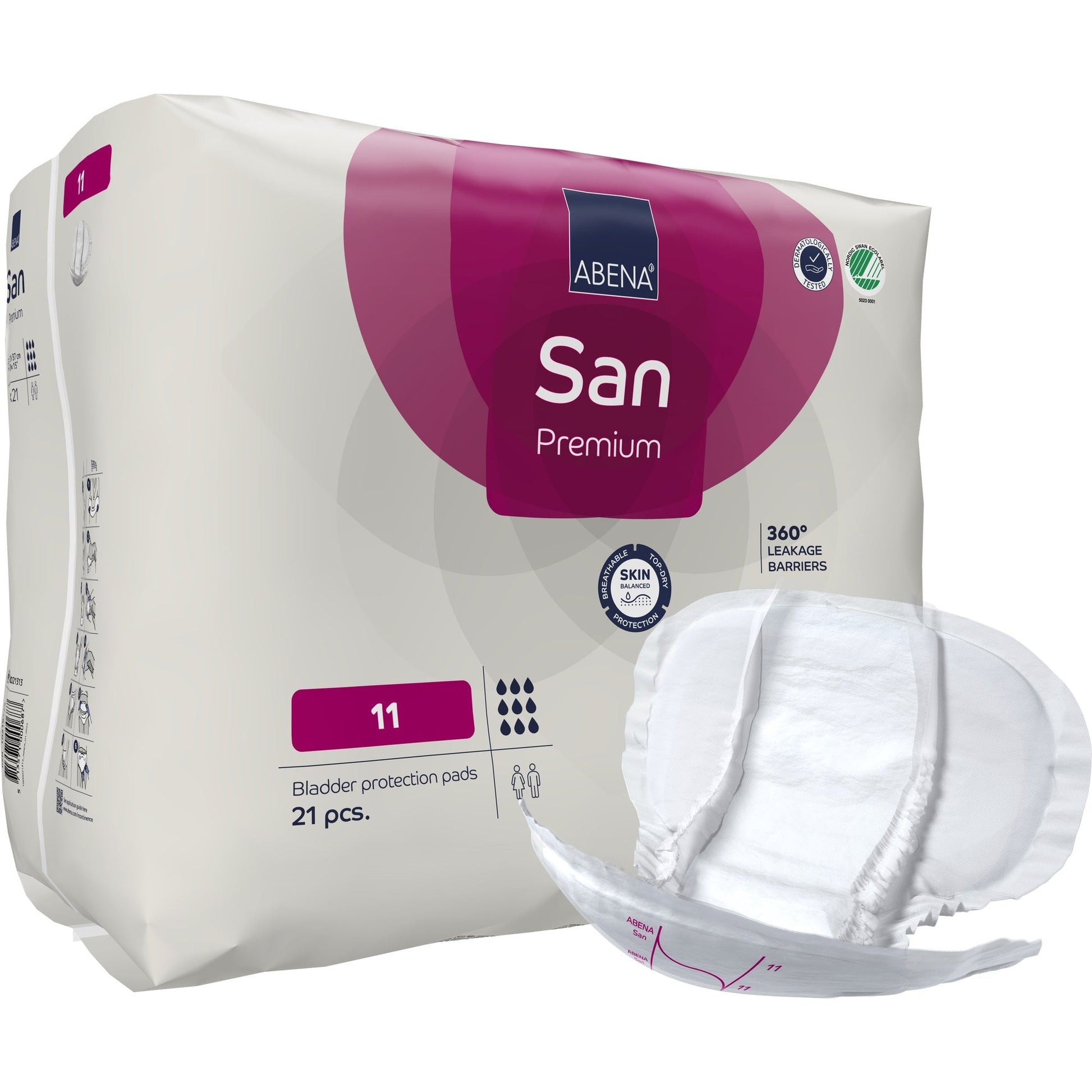 Abena San Premium size 11 bladder protection pads, 21 pcs, with one pad visible.