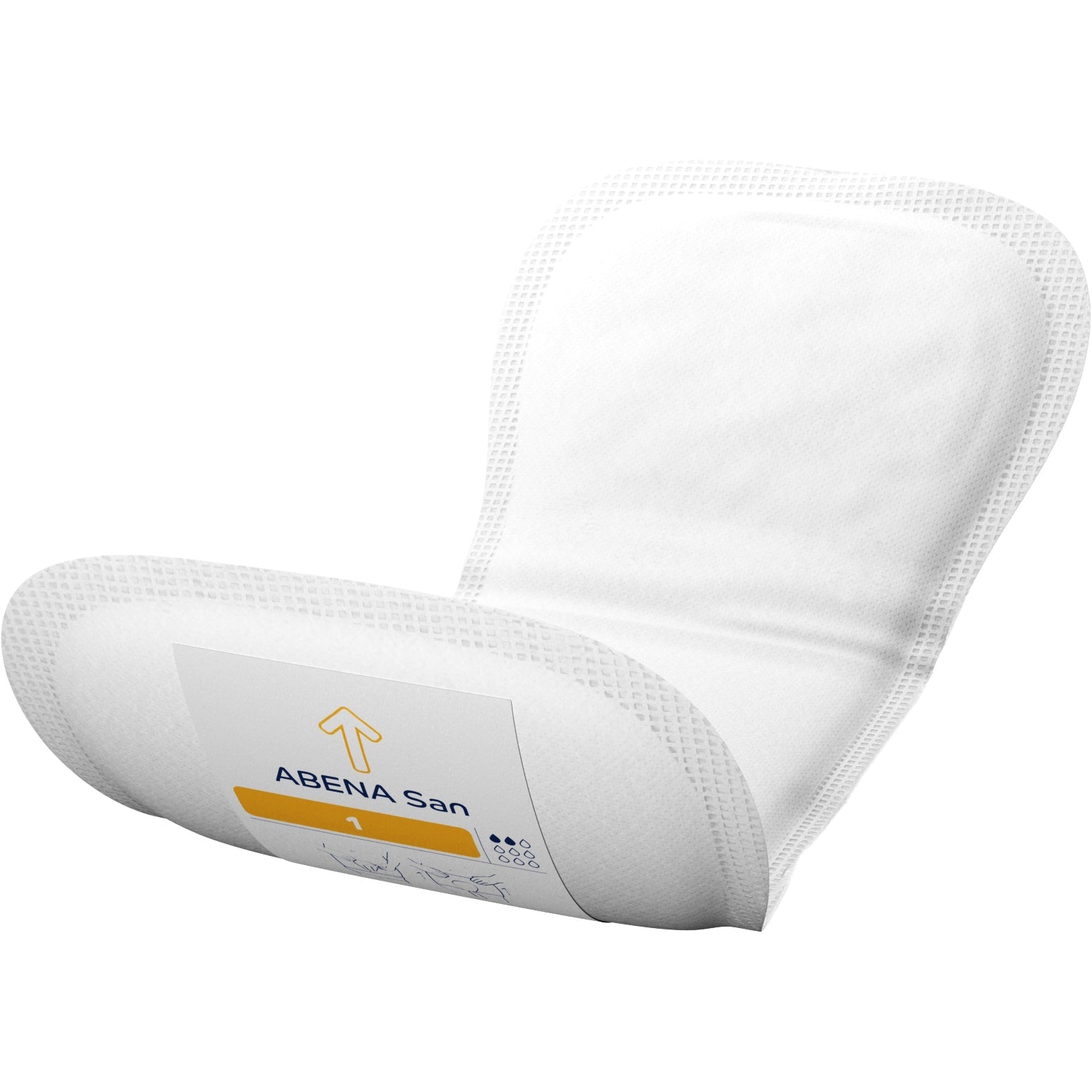 White ABENA San incontinence pad, curved absorbent section with textured outer layer