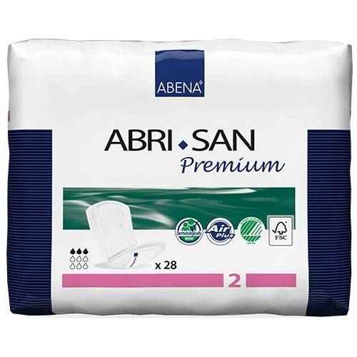 ABENA ABRI-SAN Premium incontinence pads pack, 28 count shown on front.