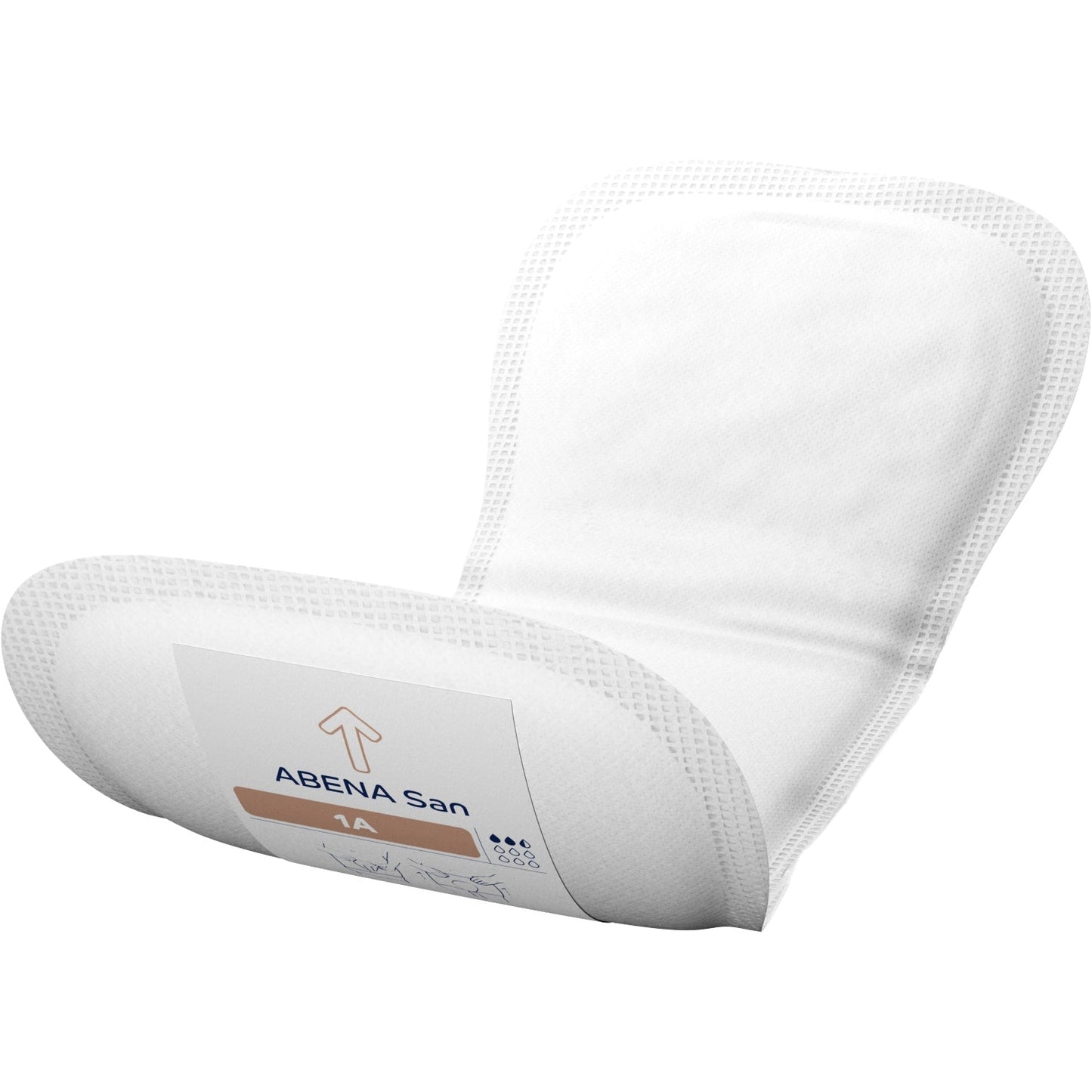 White incontinence pad, curved shape with breathable textured surface and adhesive strip.