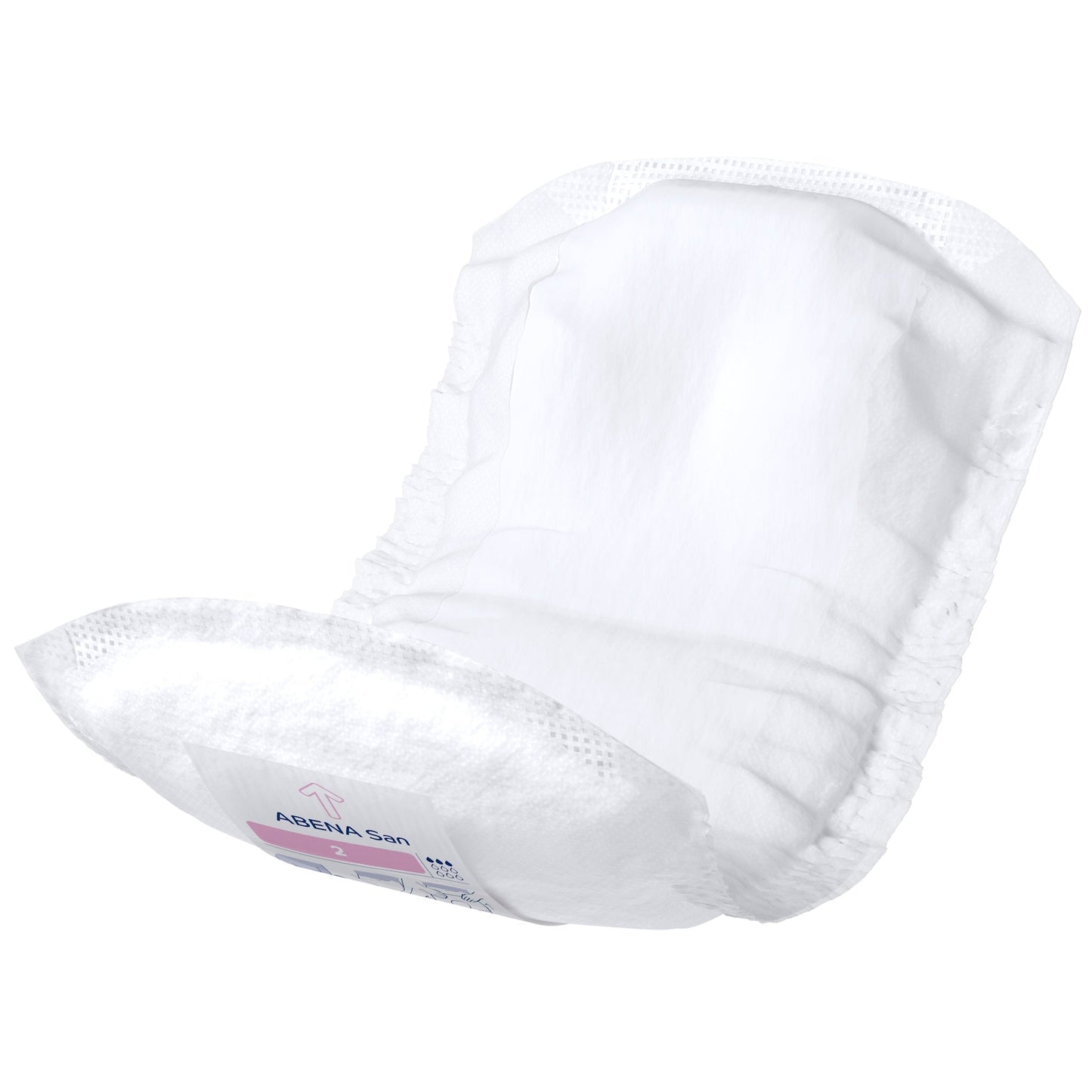 White incontinence pad with gathered side edges and textured top layer.