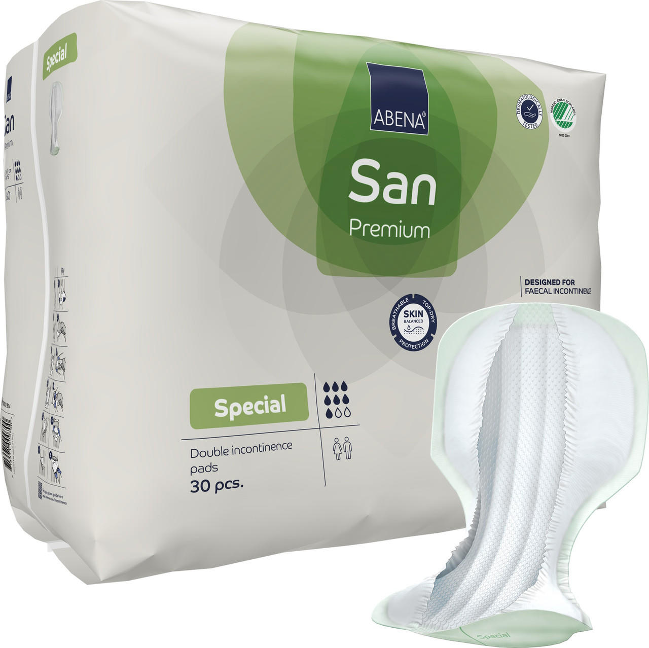 San Premium Special double incontinence pads, 30 pcs, pack with pad shown