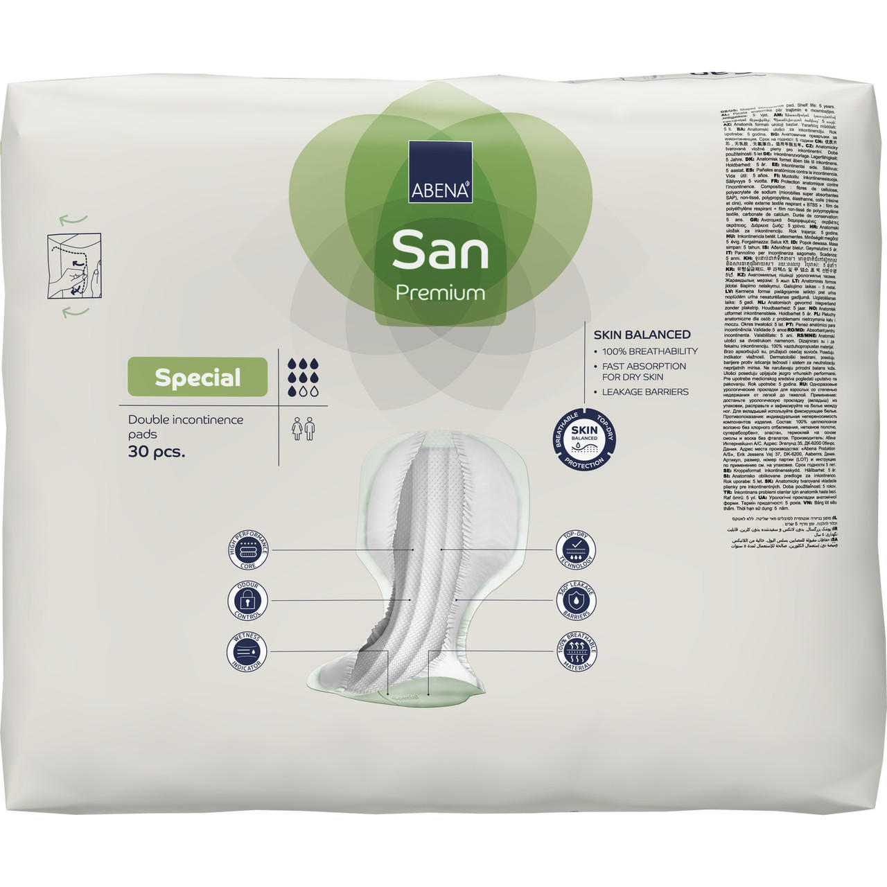 San Premium Special incontinence pads, 30 pcs, back of package label