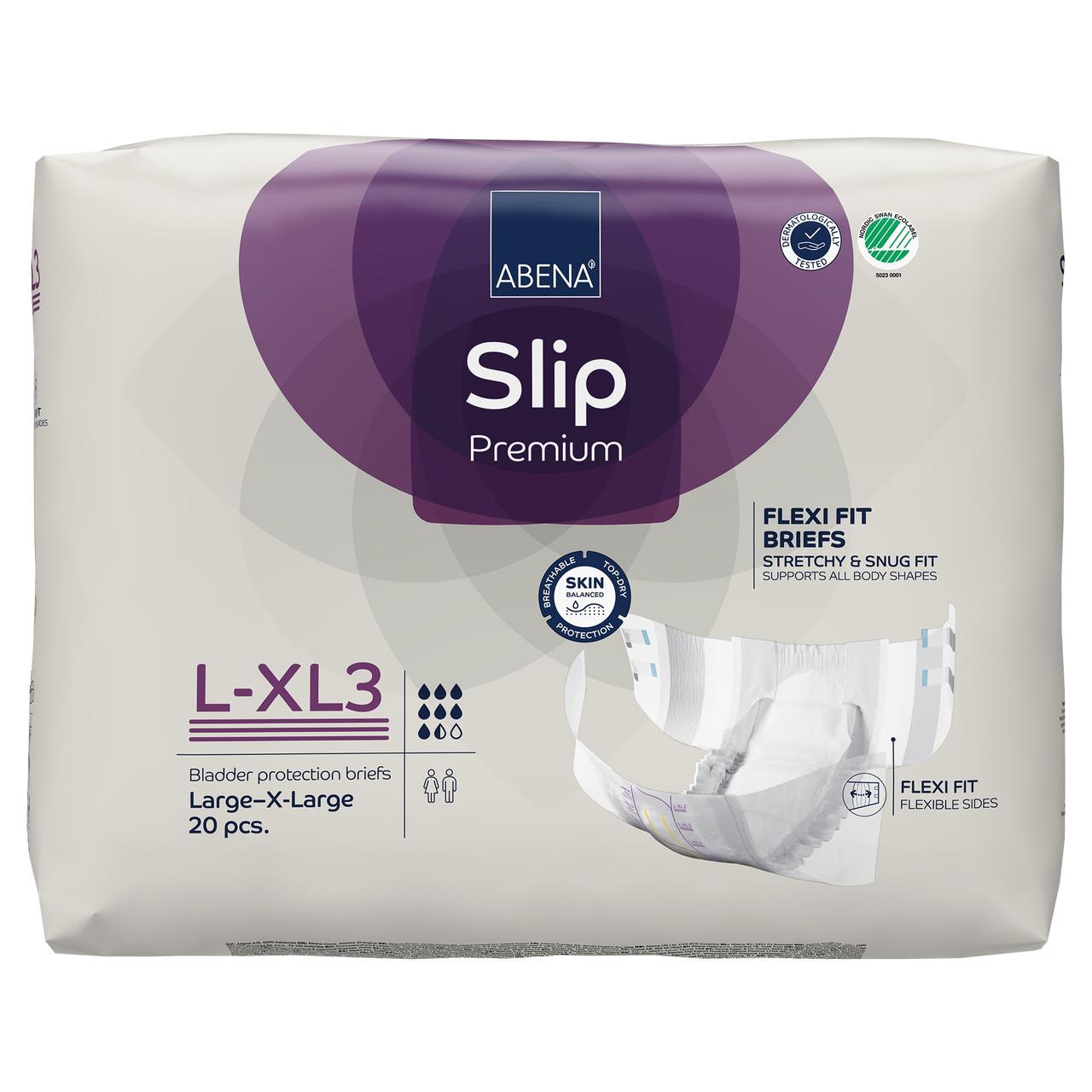 Abena Slip Premium Flexi Fit briefs, L-XL Level 3, 20 pcs, white package view.