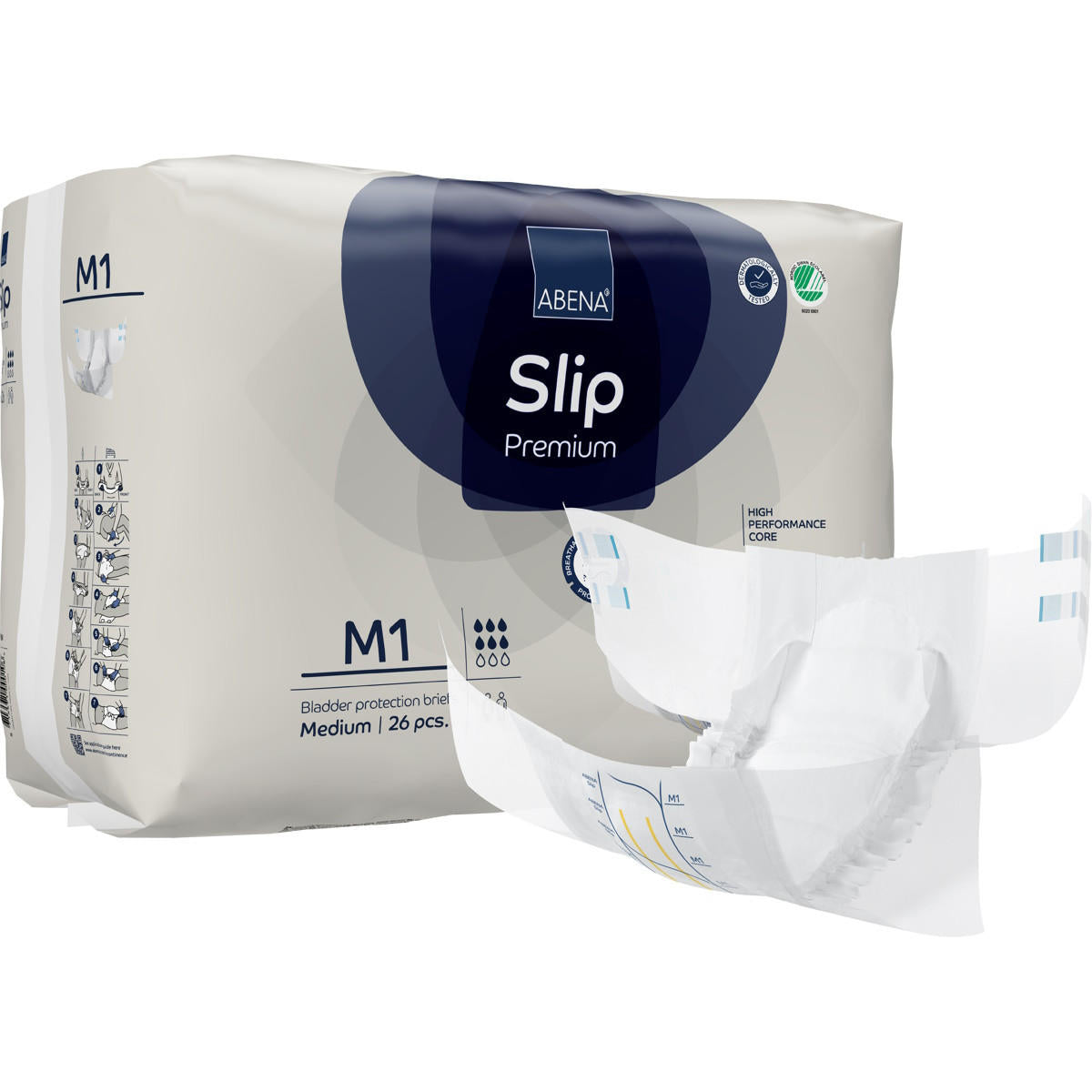 Slip Premium adult briefs, size M1 (28–44), 26-count package, blue label