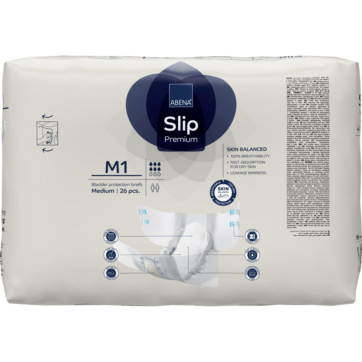 Slip Premium adult briefs, size M1 (28–44), back of package with M1 branding