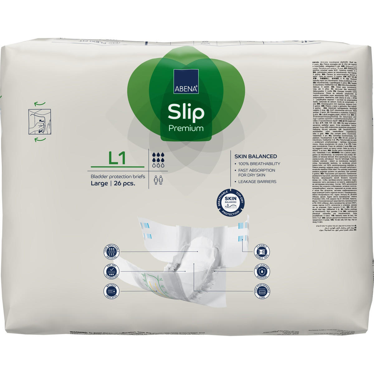 Slip Premium adult briefs, size L1 (40–60), back of package with L1 branding