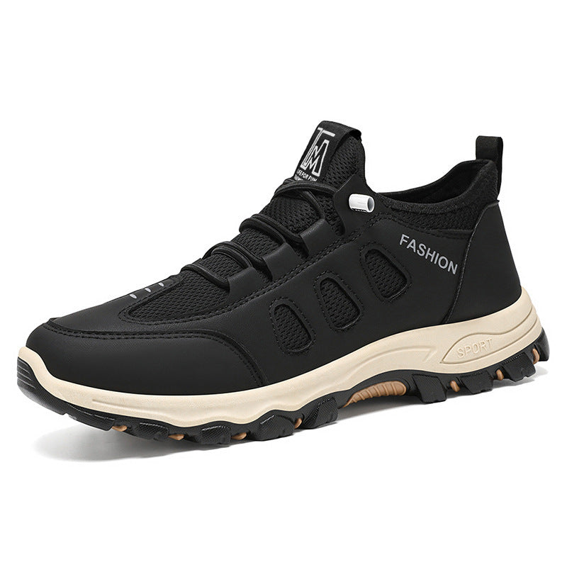 Lightweight travel shoes in black with lace-up front and thick white midsole