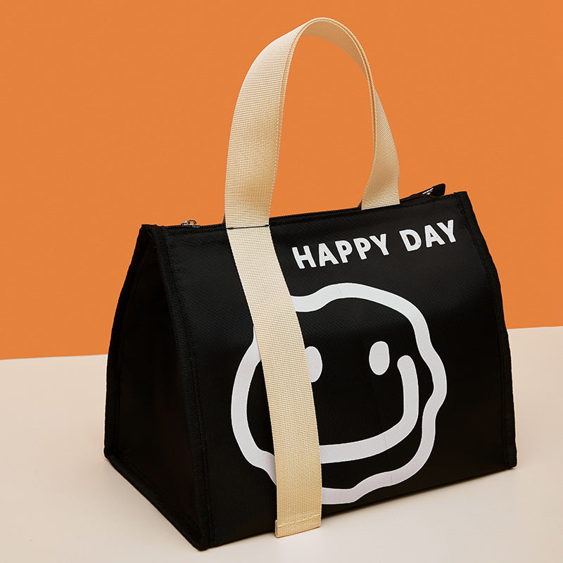 Insulated lunch bag in black with “HAPPY DAY” text and large coffee-cup graphic