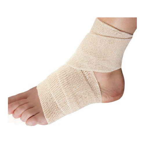 Beige self-adherent elastic bandage wrapped around ankle and foot