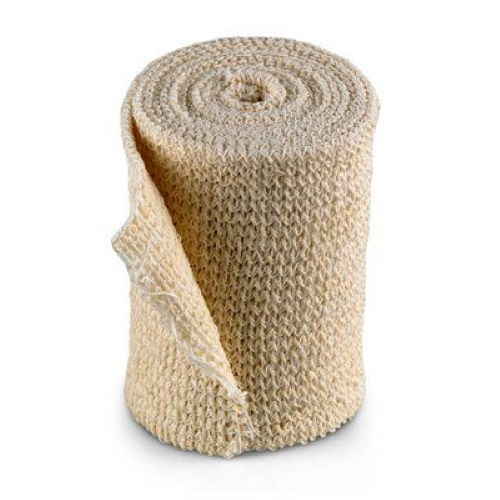 Beige ACE self-adherent elastic bandage roll, tightly wound knitted fabric