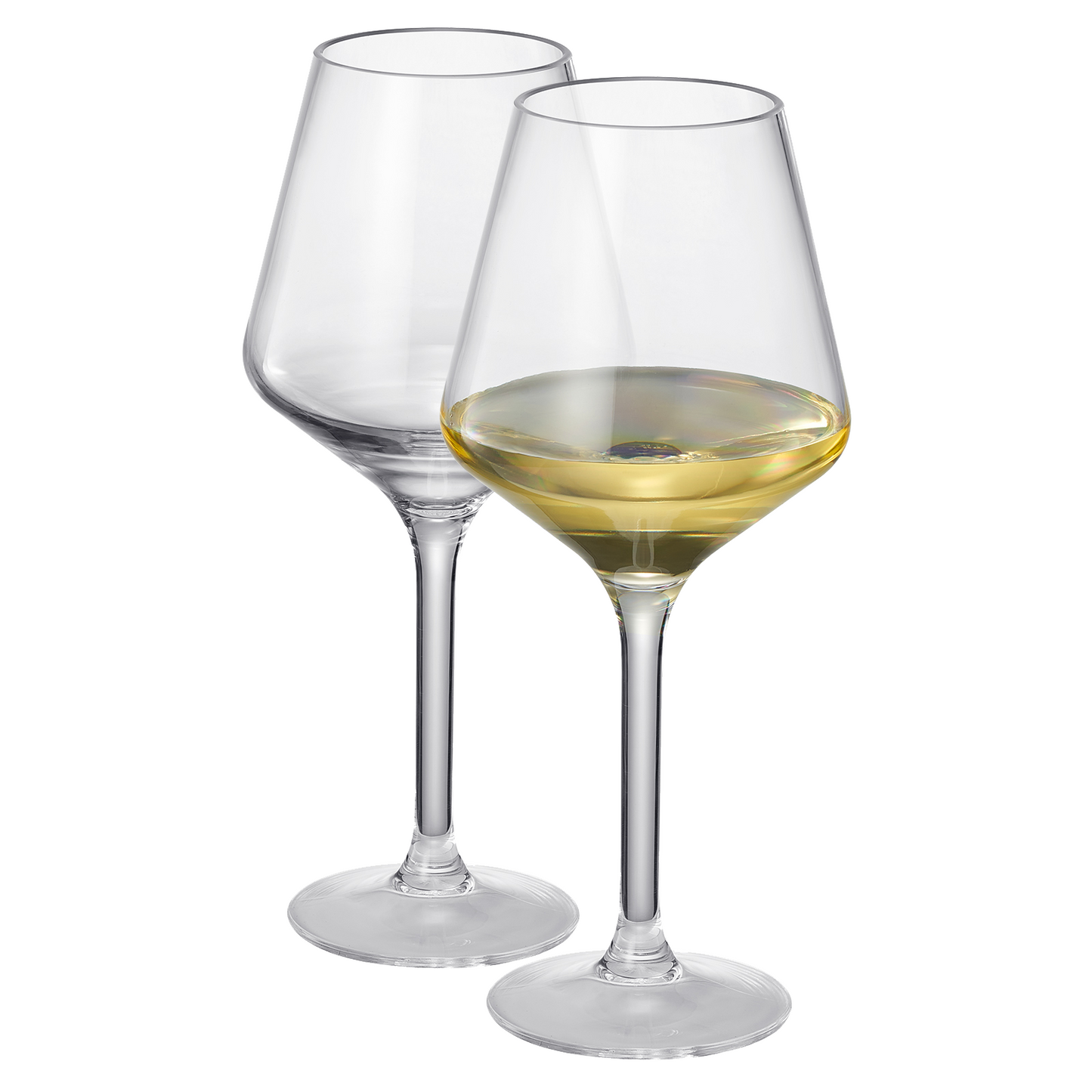 Pair of stemmed wine glasses with clear acrylic bowls and pale yellow wine