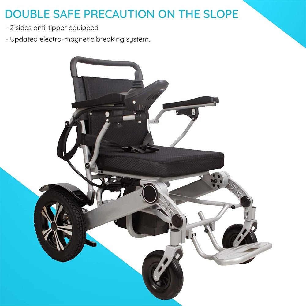 Electric folding wheelchair with black seat, arm supports, front caster wheels