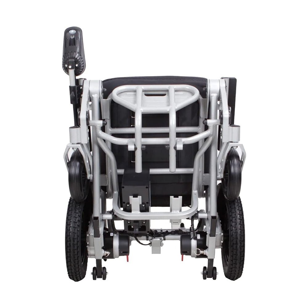 Rear view of folded electric wheelchair showing metal support frame and wheels