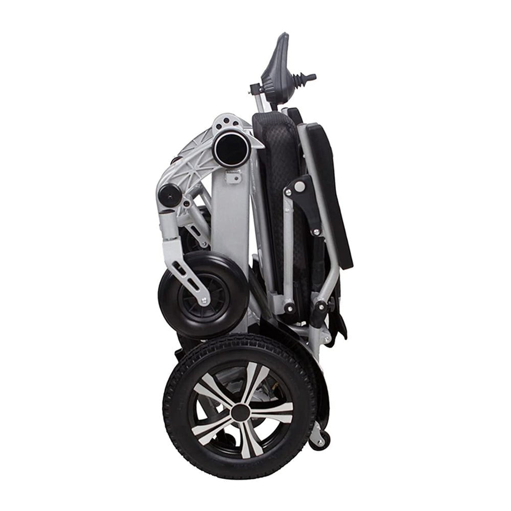 Side view electric folding wheelchair with black seat, joystick control, large front wheels