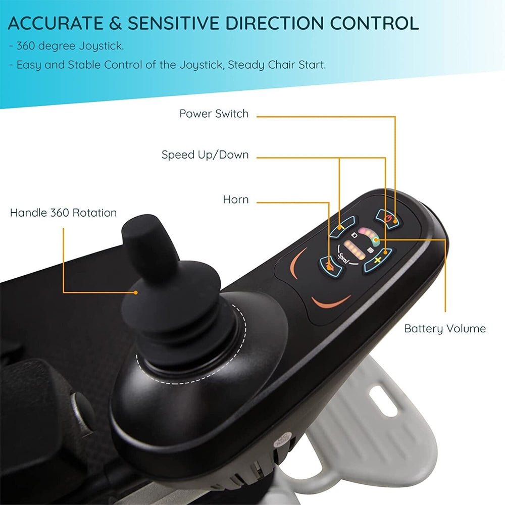 Close-up of black joystick controller on electric folding wheelchair armrest
