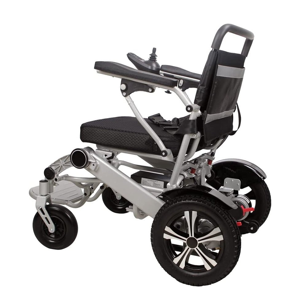 Folded electric wheelchair with black padded seat and back, silver frame, footrests
