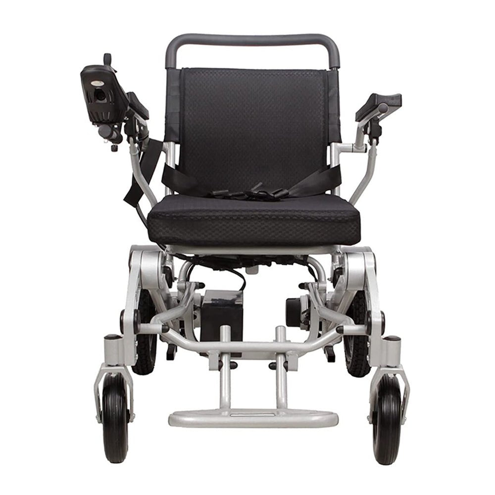 Electric folding wheelchair with black seat and back, silver frame, arm controls