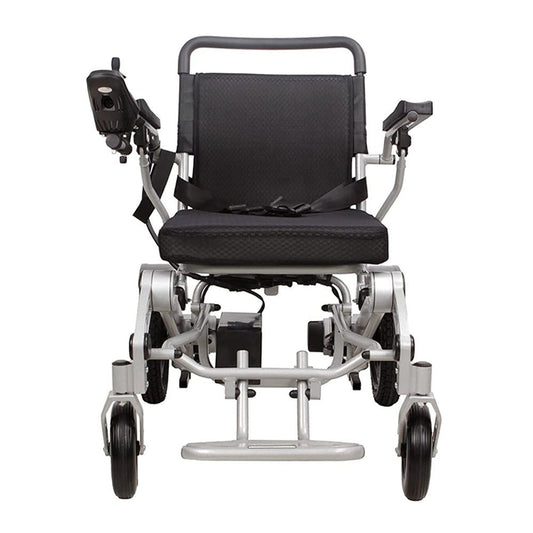 Electric folding wheelchair with black seat and back, silver frame, arm controls