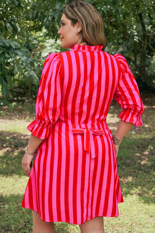Pink and red striped mini dress with puff sleeves and tie waist
