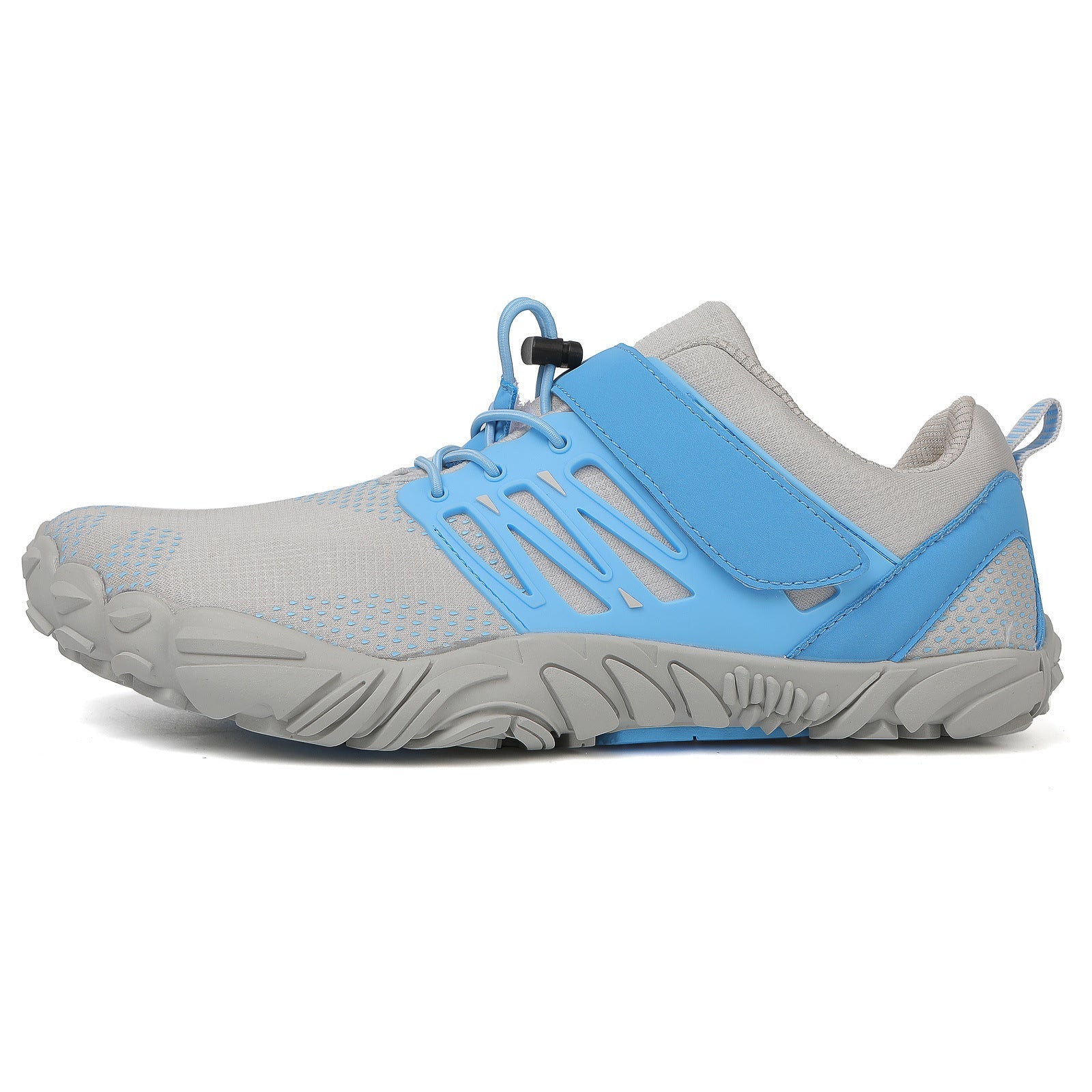 Blue and gray water shoes with lace-up closure and thick molded rubber outsole