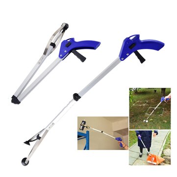 Extended trash grabber reacher tool with blue trigger handle and claw ends