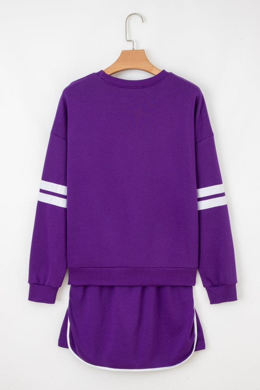 Varsity stripe pullover and mini skirt set in purple with white striped cuffs