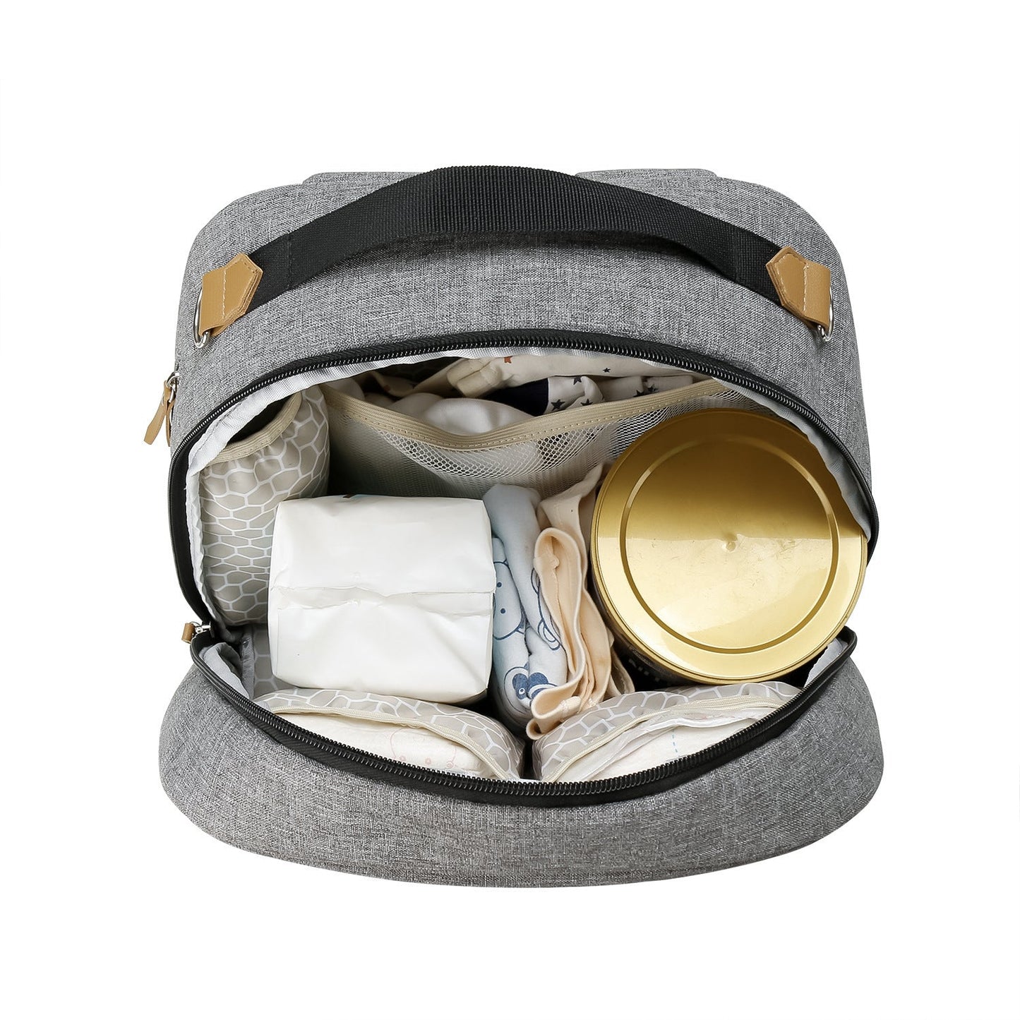 Gray insulated travel mummy bag open with baby items in zipped compartments