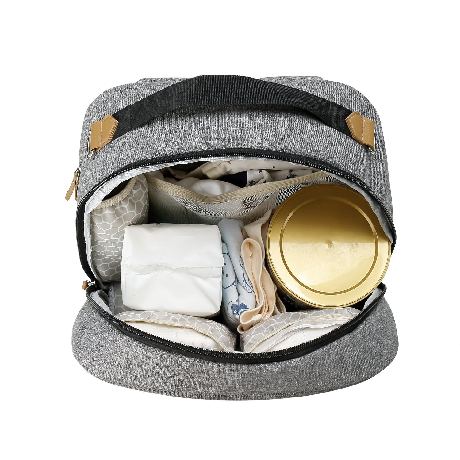 Gray insulated travel mummy bag open with baby items in zipped compartments
