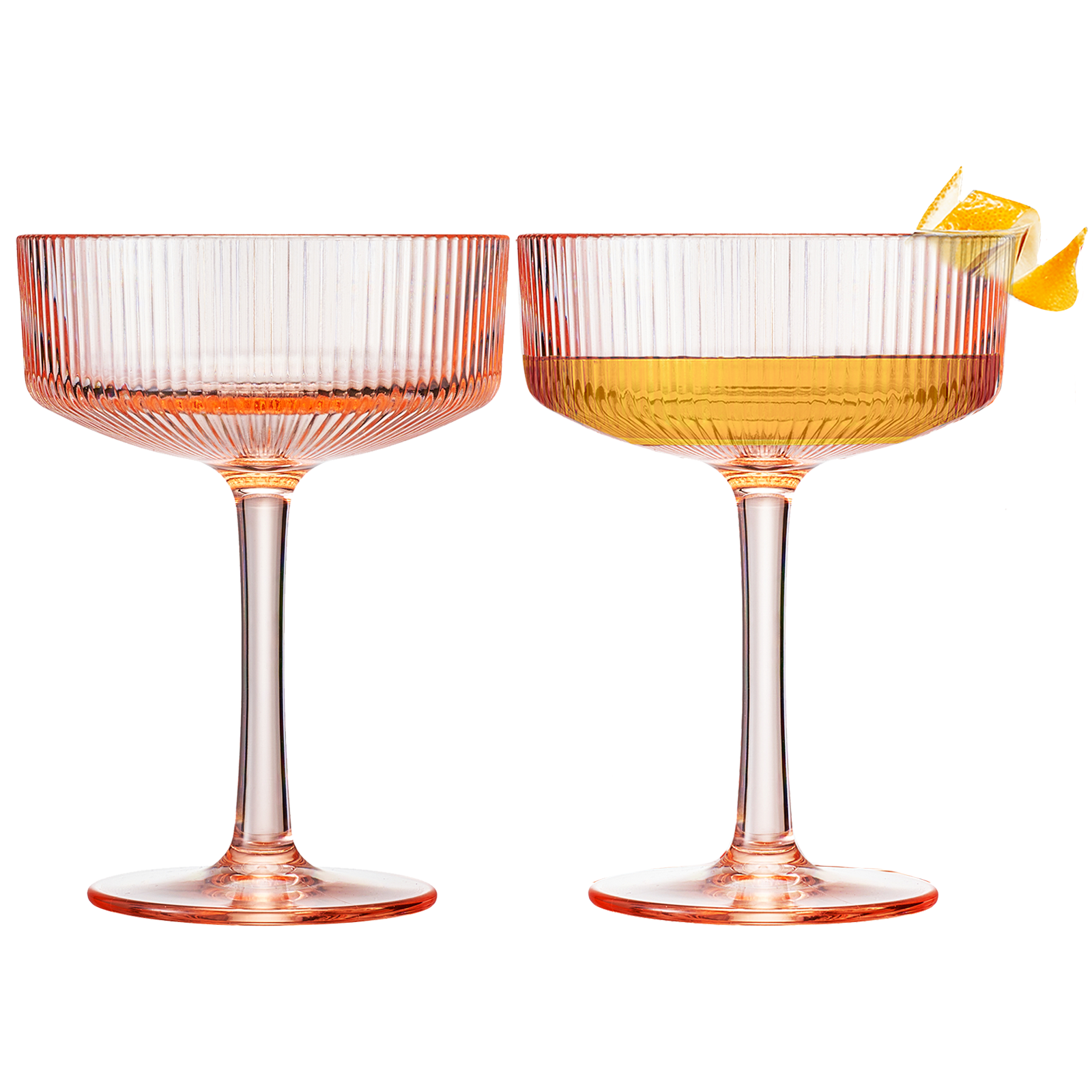 Pair of ribbed acrylic champagne coupe glasses, amber bowl with clear stem bases