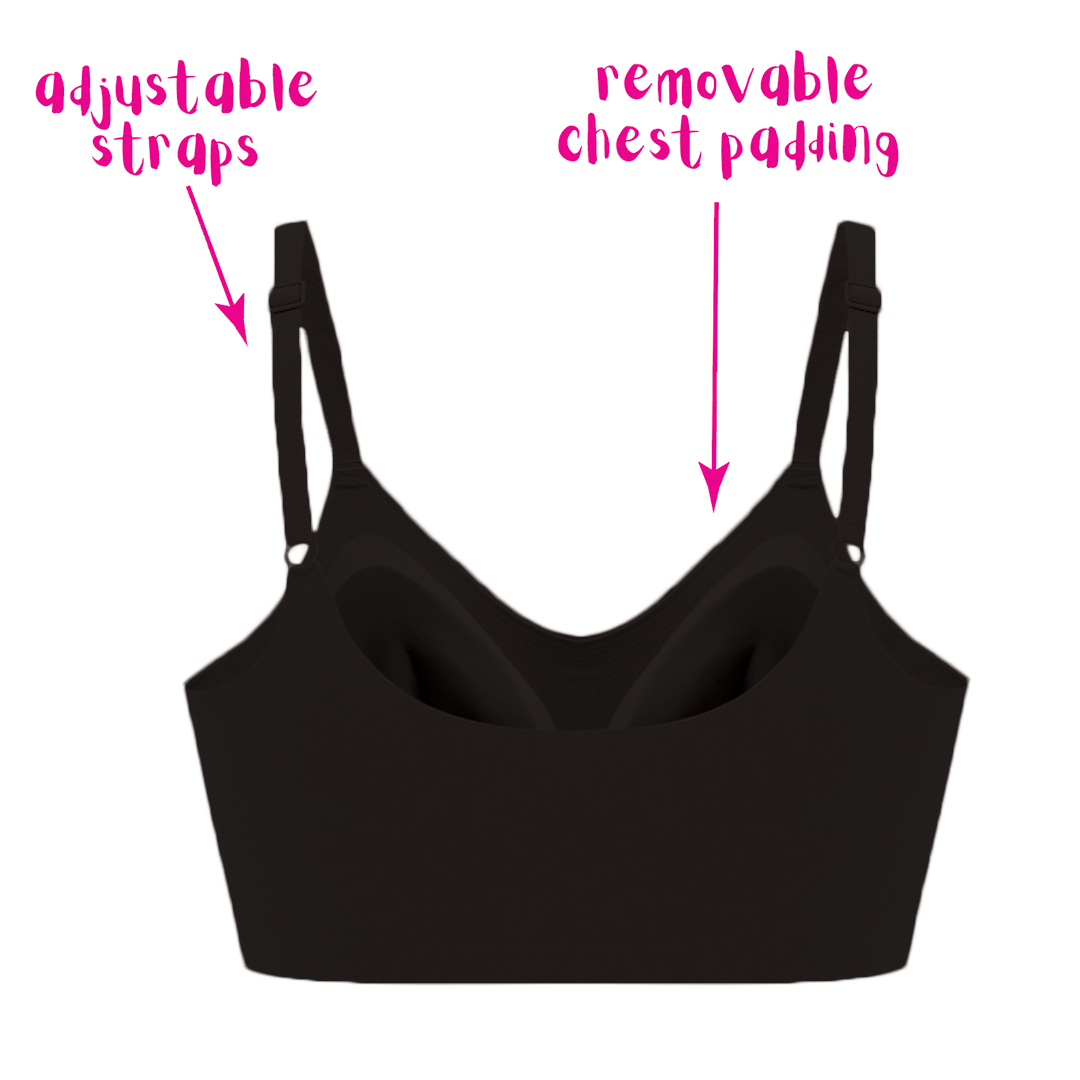 Black bra diagram highlighting adjustable straps and removable chest padding