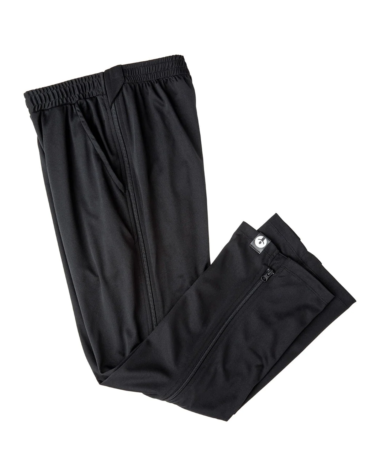 Black pants with a brand logo on a white background