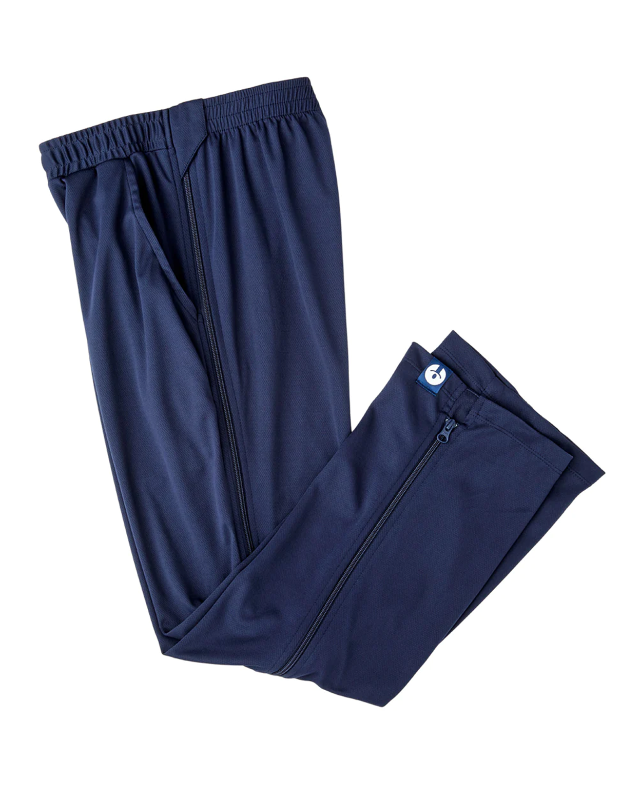 Navy blue pants with a zipper on a white background