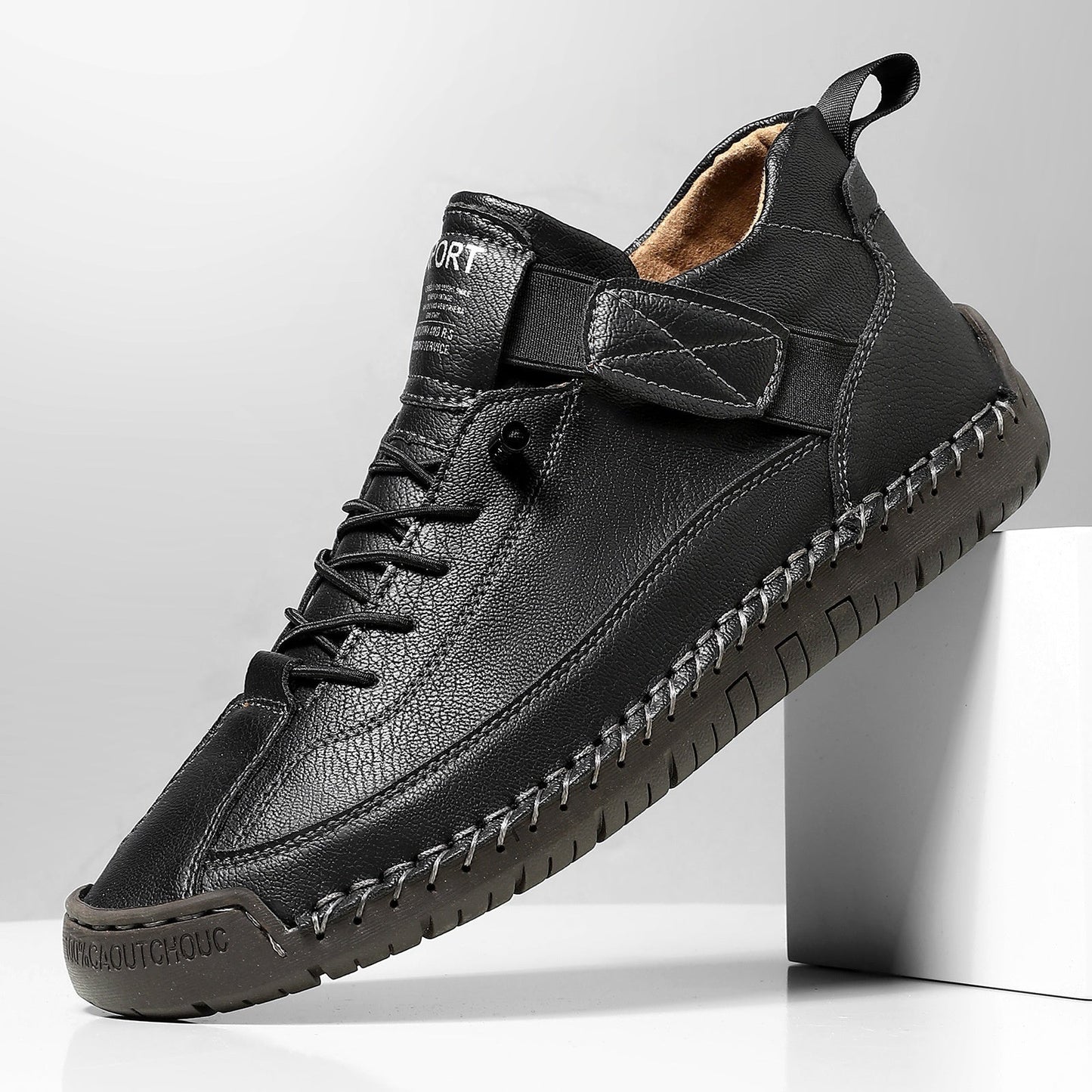 Black casual leather lace-up boots with side buckle strap and chunky sole