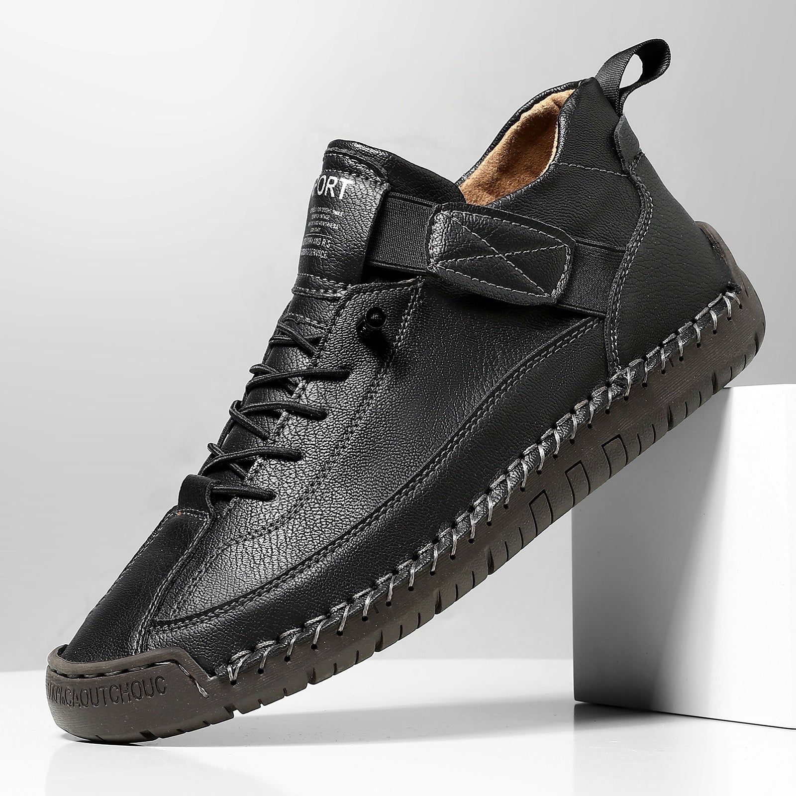 Black casual leather lace-up boots with side buckle strap and chunky sole