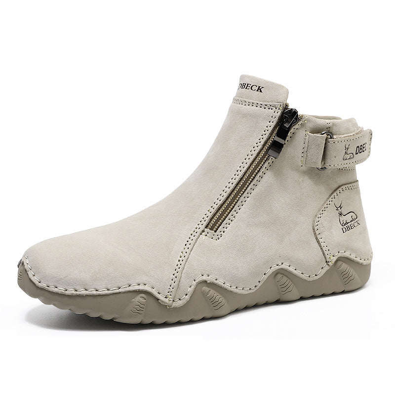 Light beige high-top ankle boot with side zipper, decorative stitching, and grippy sole.