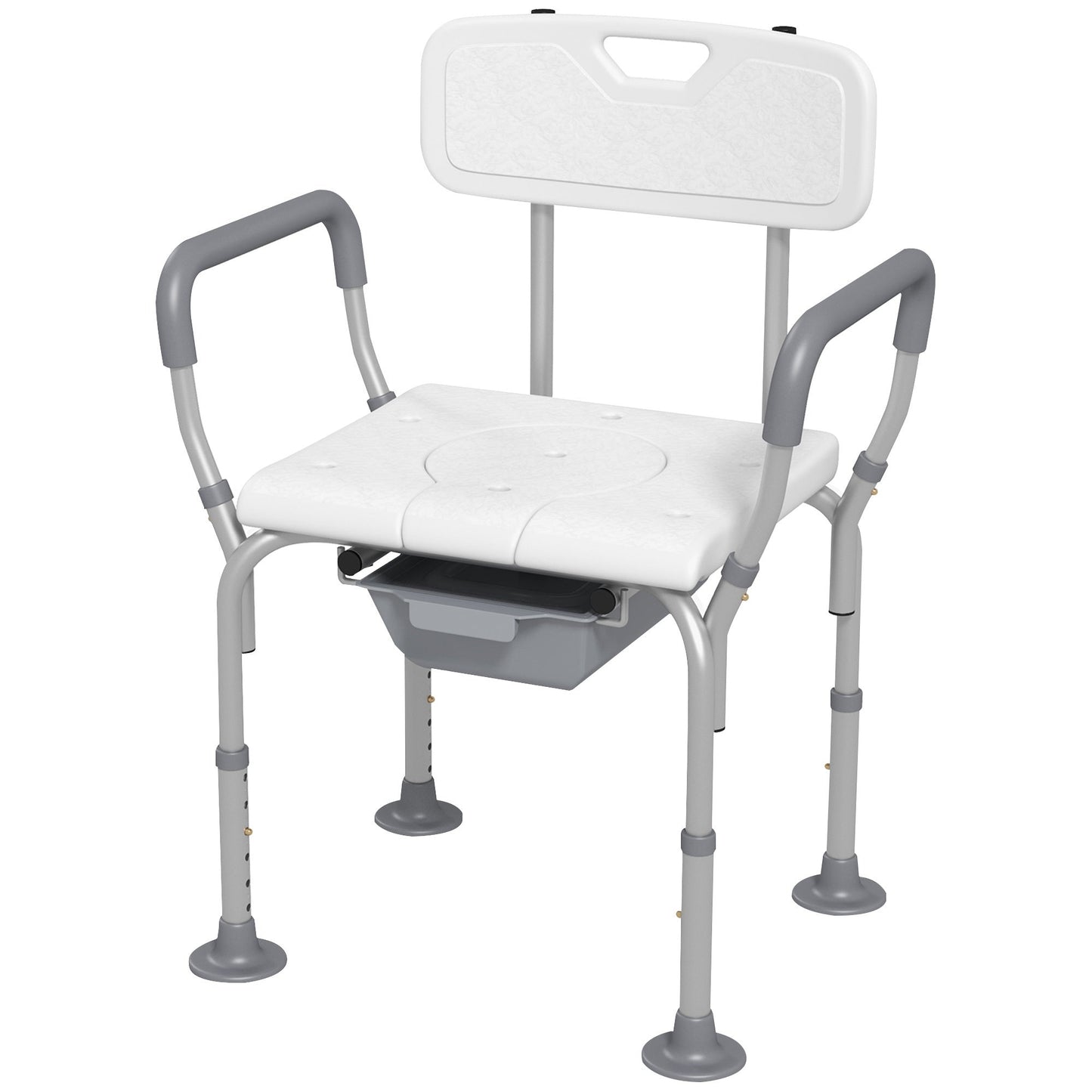 Raised toilet seat chair with padded seat cushion, armrests, and open commode bucket area