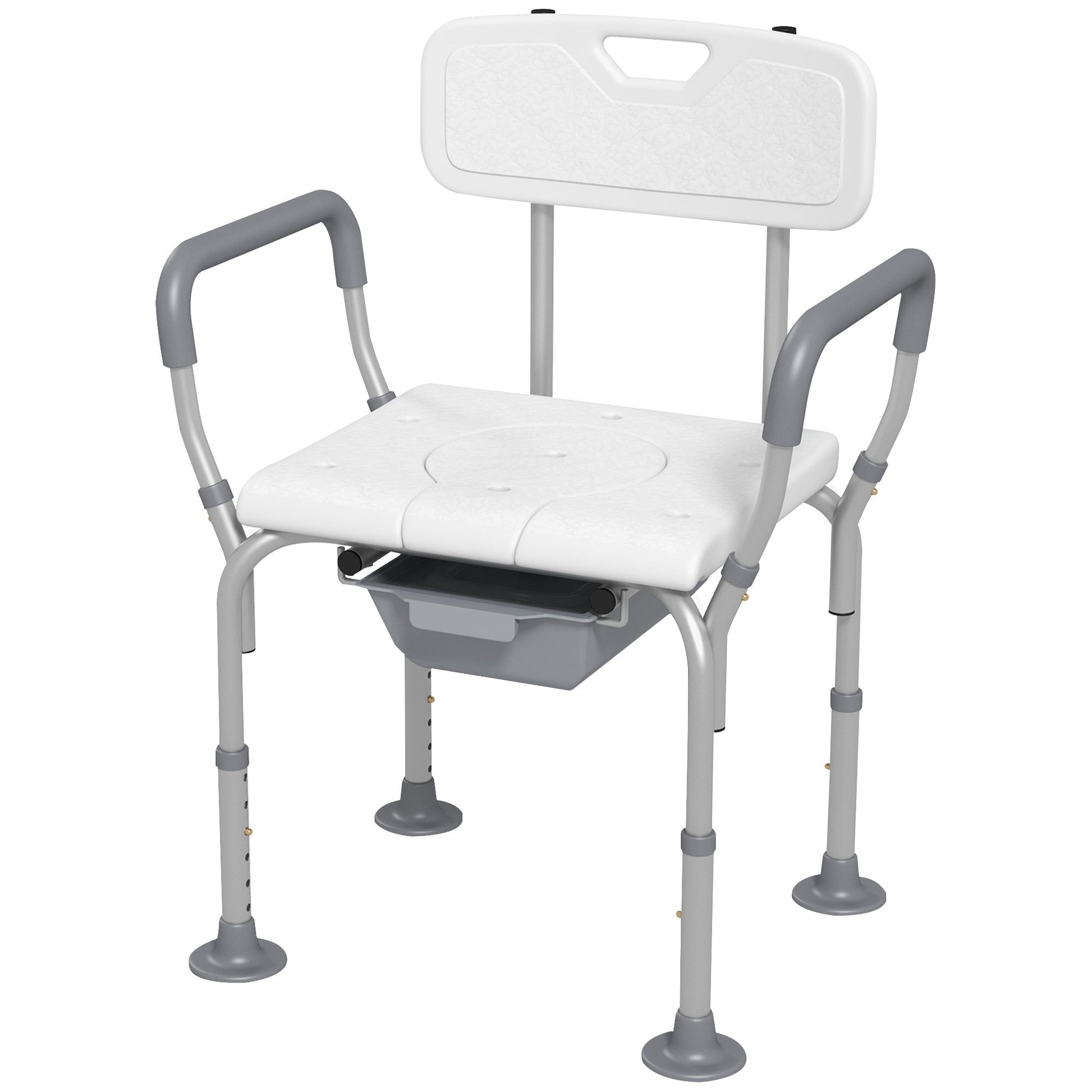 Raised toilet seat chair with padded seat cushion, armrests, and open commode bucket area